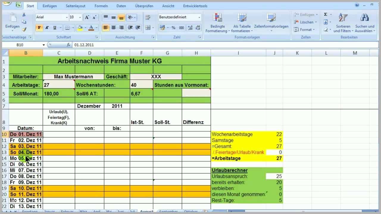 Beste Excel Zeiterfassung Wochentage Bedingt formatieren