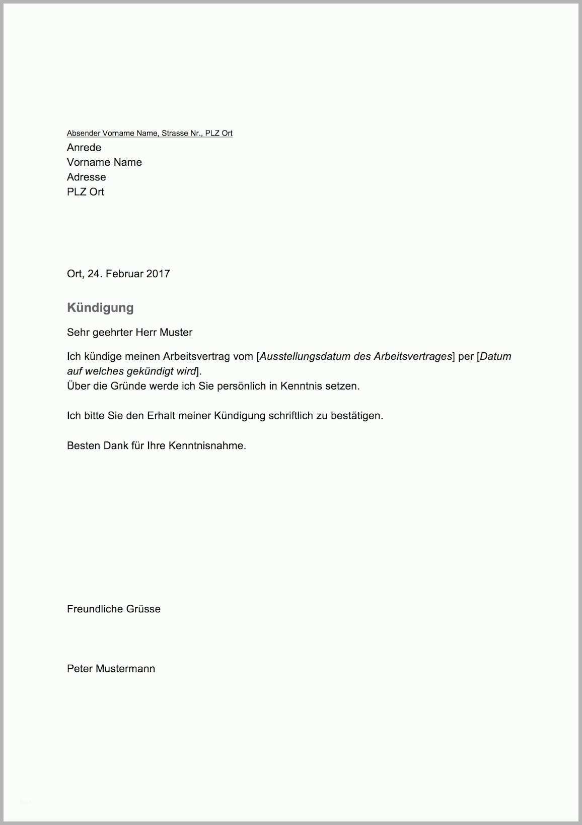 Exklusiv Kündigung Vorlage Für Arbeitsvertrag Schweiz Gratis Word