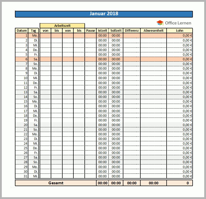 Fabelhaft Excel Arbeitszeitnachweis Vorlagen 2018