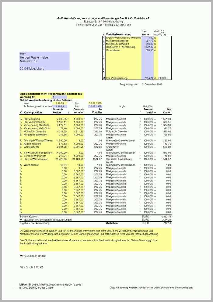 Fantastisch Betriebskosten Abrechnung Mit Excel Download