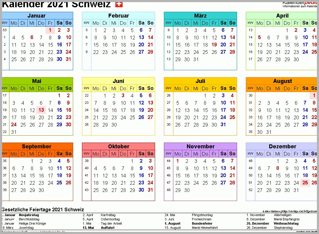 Großartig Kalender 2021 Schweiz In Excel Zum Ausdrucken ...