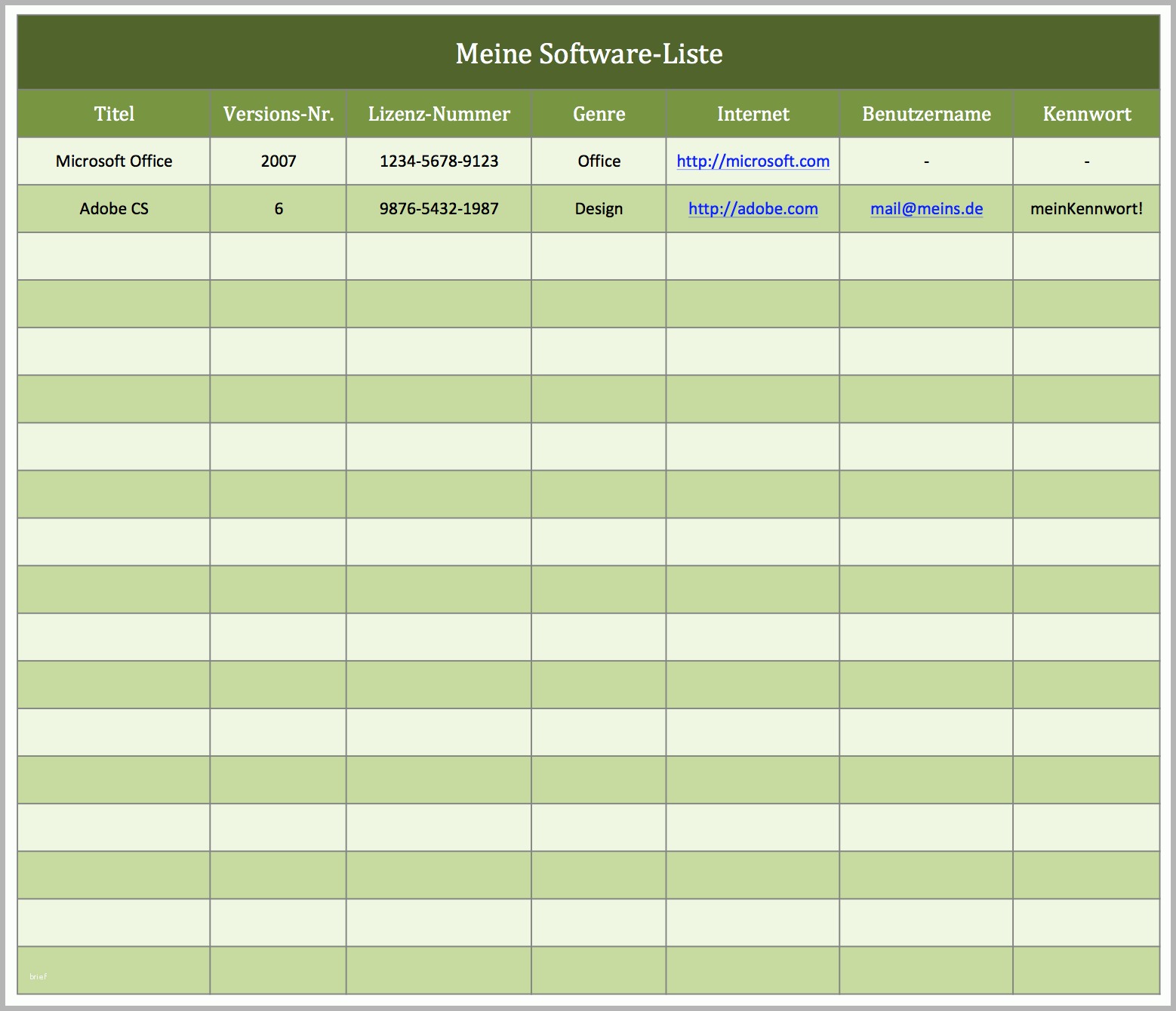 Großartig software Katalog Als Excel Vorlage