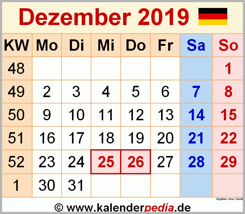 Hervorragend Kalender Dezember 2019 Als Word Vorlagen