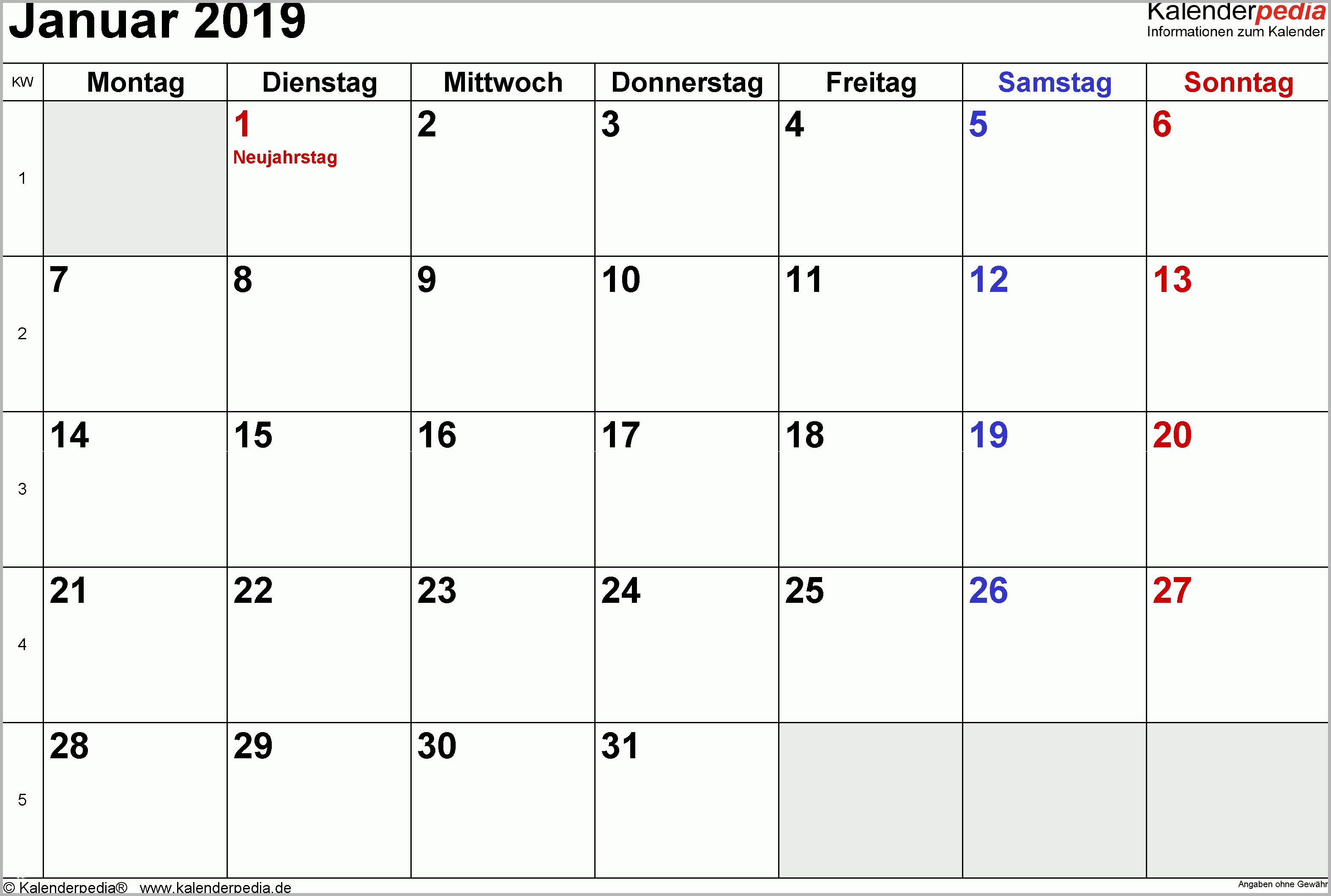 Modisch Kalender Januar 2019 Als Excel Vorlagen