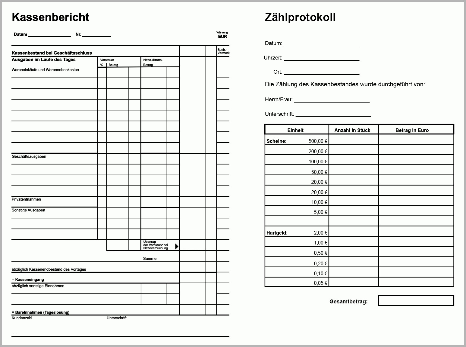 muster kassenbericht und zaehlprotokoll pdf vorlage