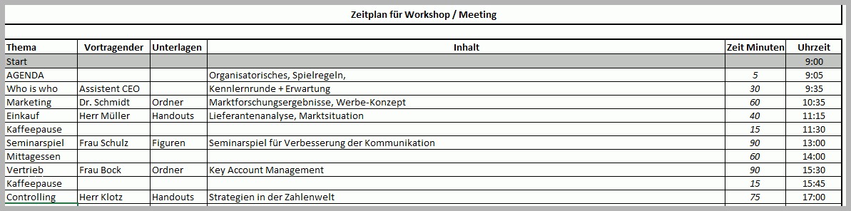 Original Zeitplan Meeting Excel Vorlage
