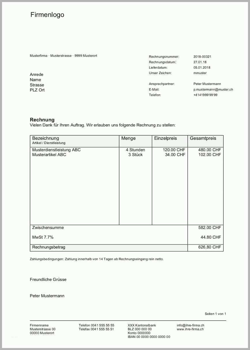 Phänomenal Rechnungsvorlage Schweiz Im Word &amp; Excel format Kostenlos