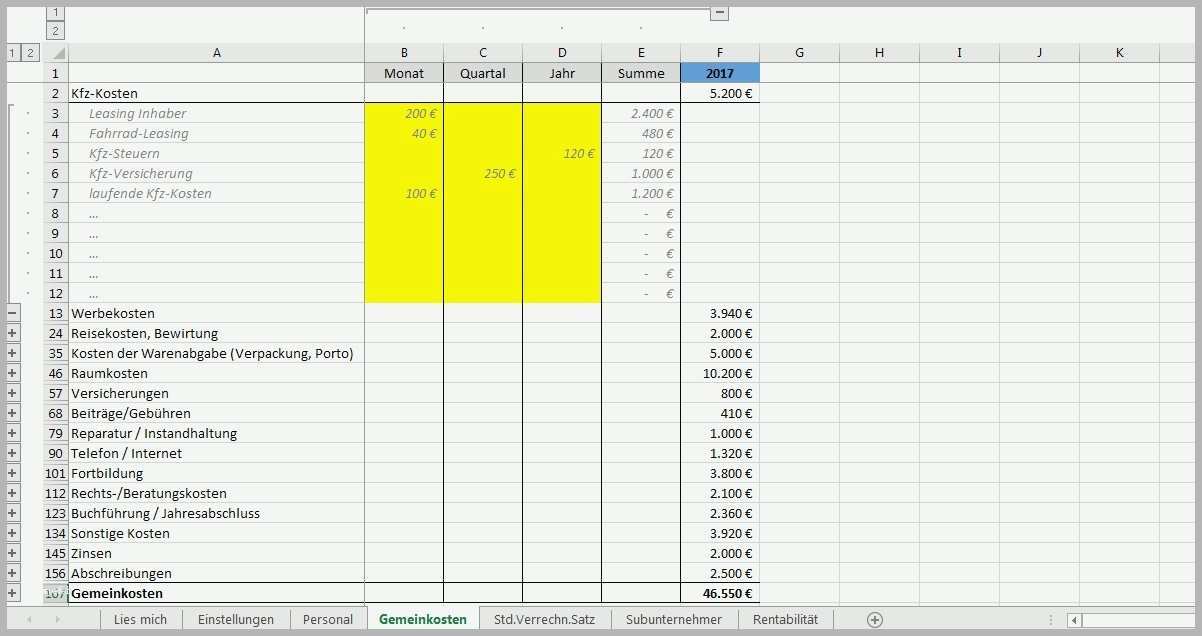 Selten Excel Kalkulation Vorlage Angenehm Niedlich Kosten