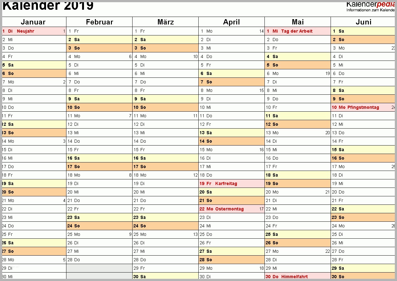 kalender 2019 excel vorlagen