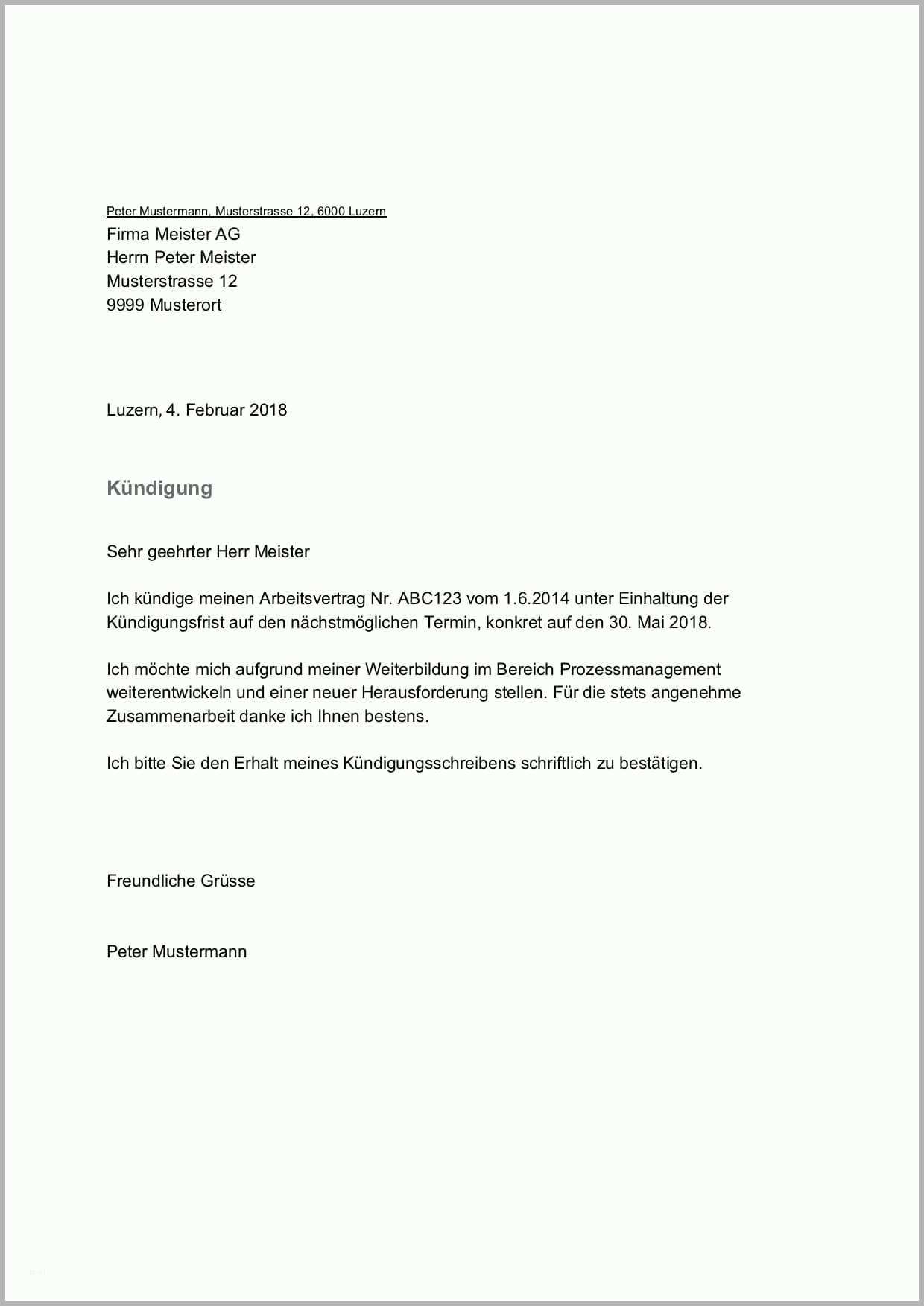 Tolle Kündigung Vorlage &amp; Muster Arbeitsvertrag Schweiz