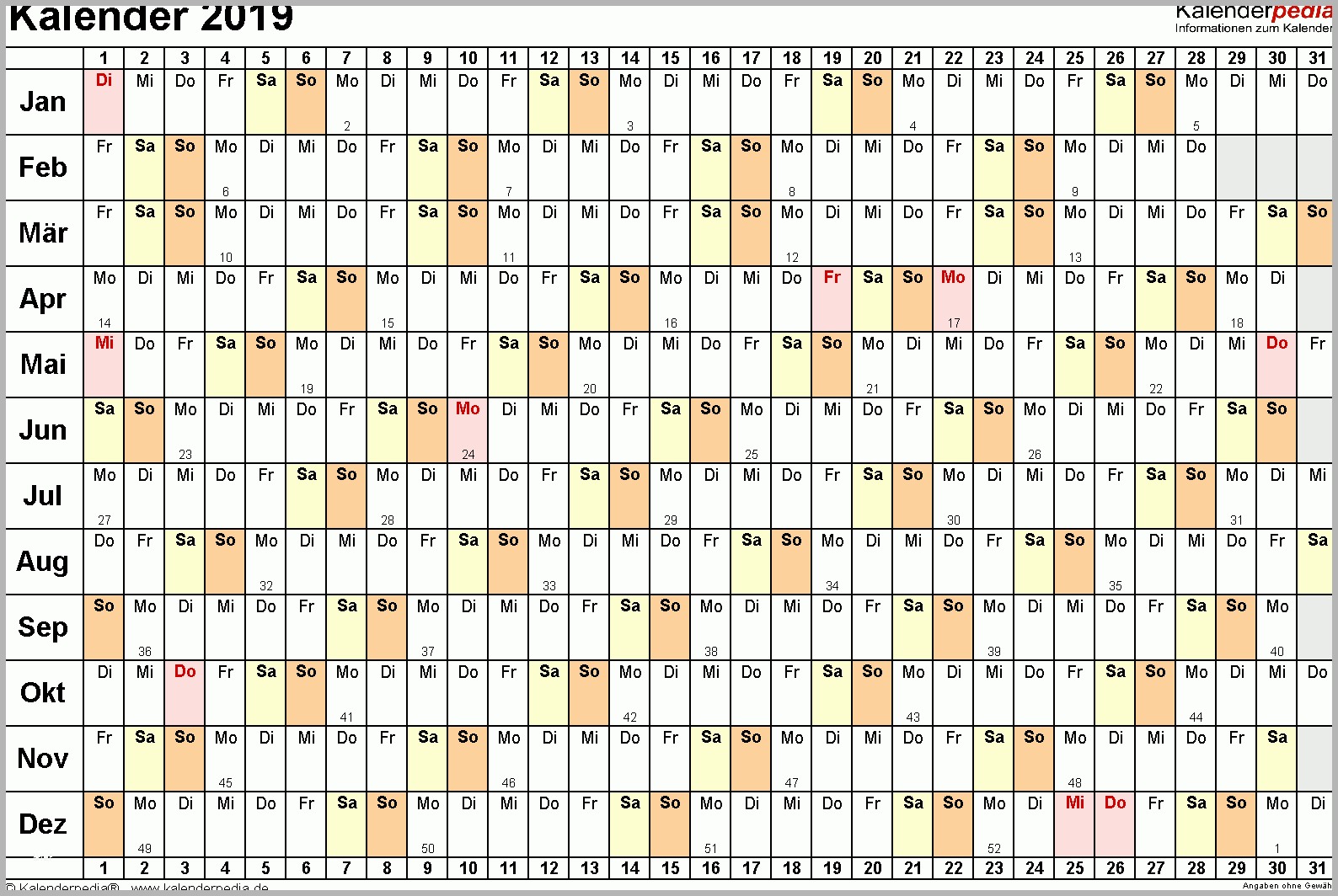 Unvergleichlich Kalender 2019 Zum Ausdrucken In Excel 16 Vorlagen